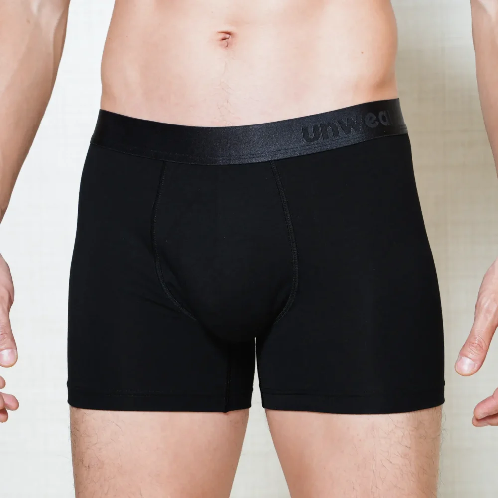 model wearing unwear onyx black boxer brief close up front