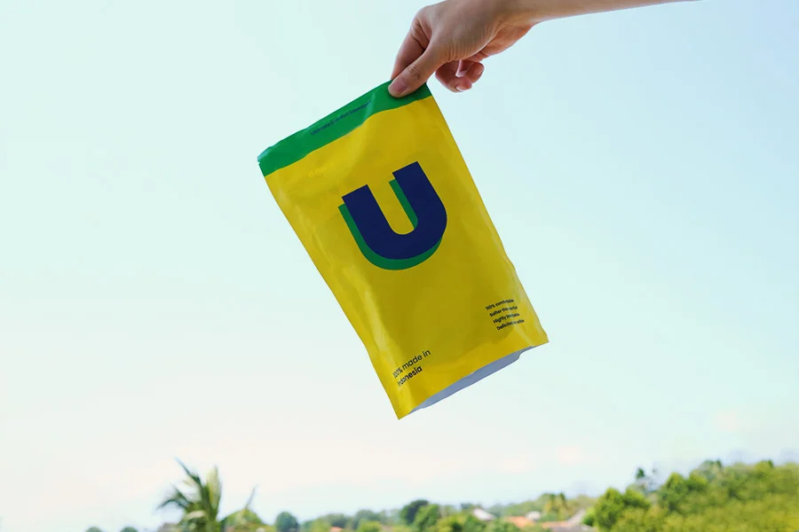 unwear yellow packaging being hold up in the air with a blue sky background