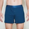 model wearing unwear rocking blues boxer shorts close up front