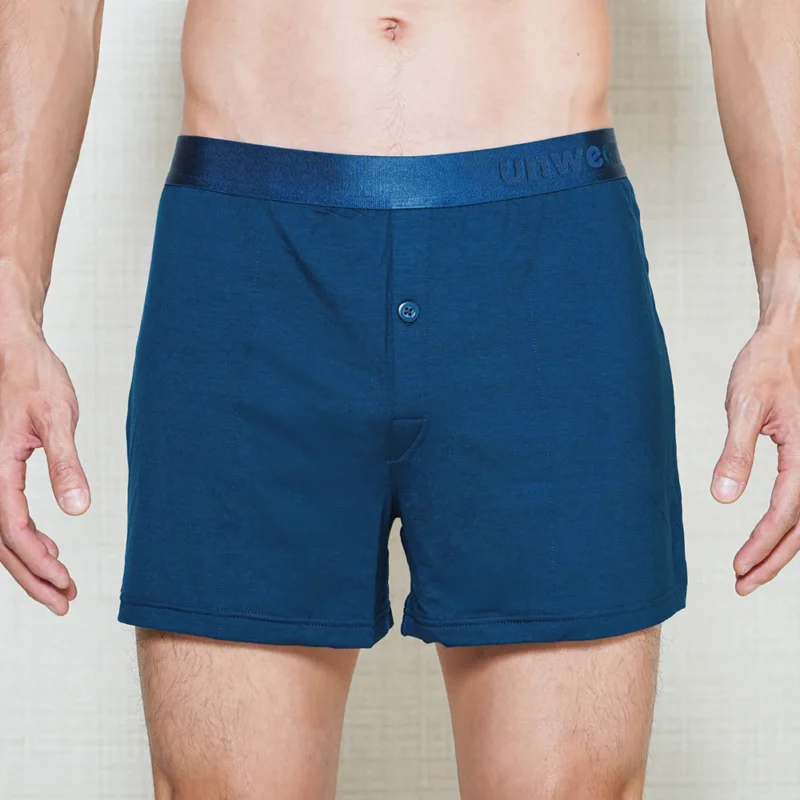 model wearing unwear rocking blues boxer shorts close up front