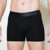 model wearing unwear onyx black boxer brief close up front